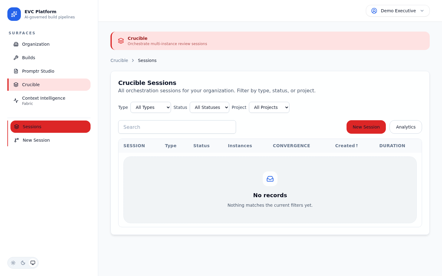 Crucible session overview showing multiple LLM instances with their roles