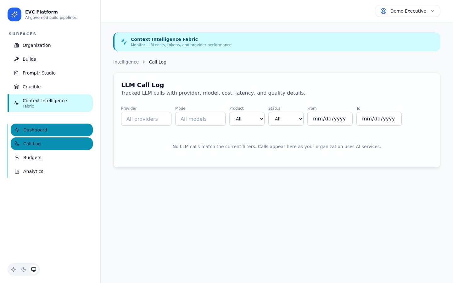 CIF call log table showing recent LLM calls with provider, model, tokens, and cost