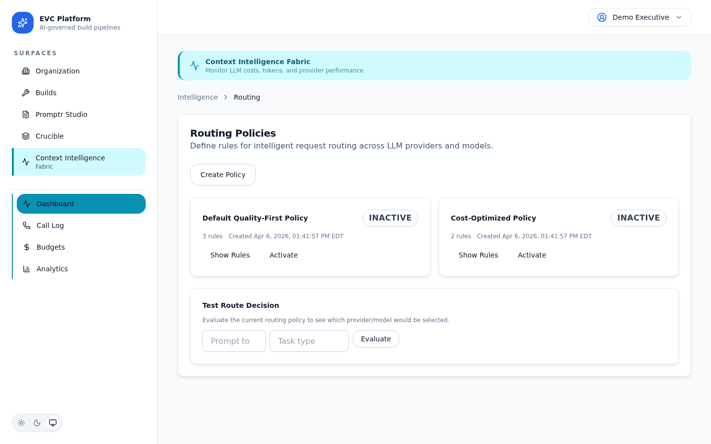 Provider routing policy configuration with policy type selector and thresholds