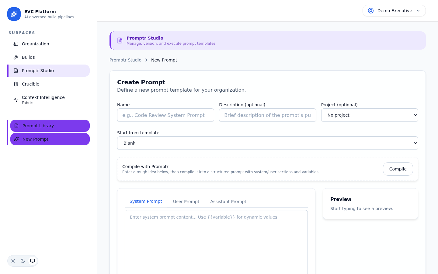 Prompt editor showing a multi-section prompt with variable highlighting
