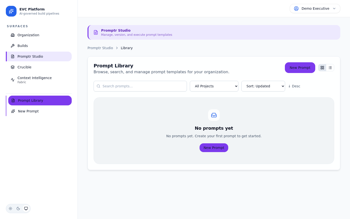 Prompt library listing all prompts in a project with version badges