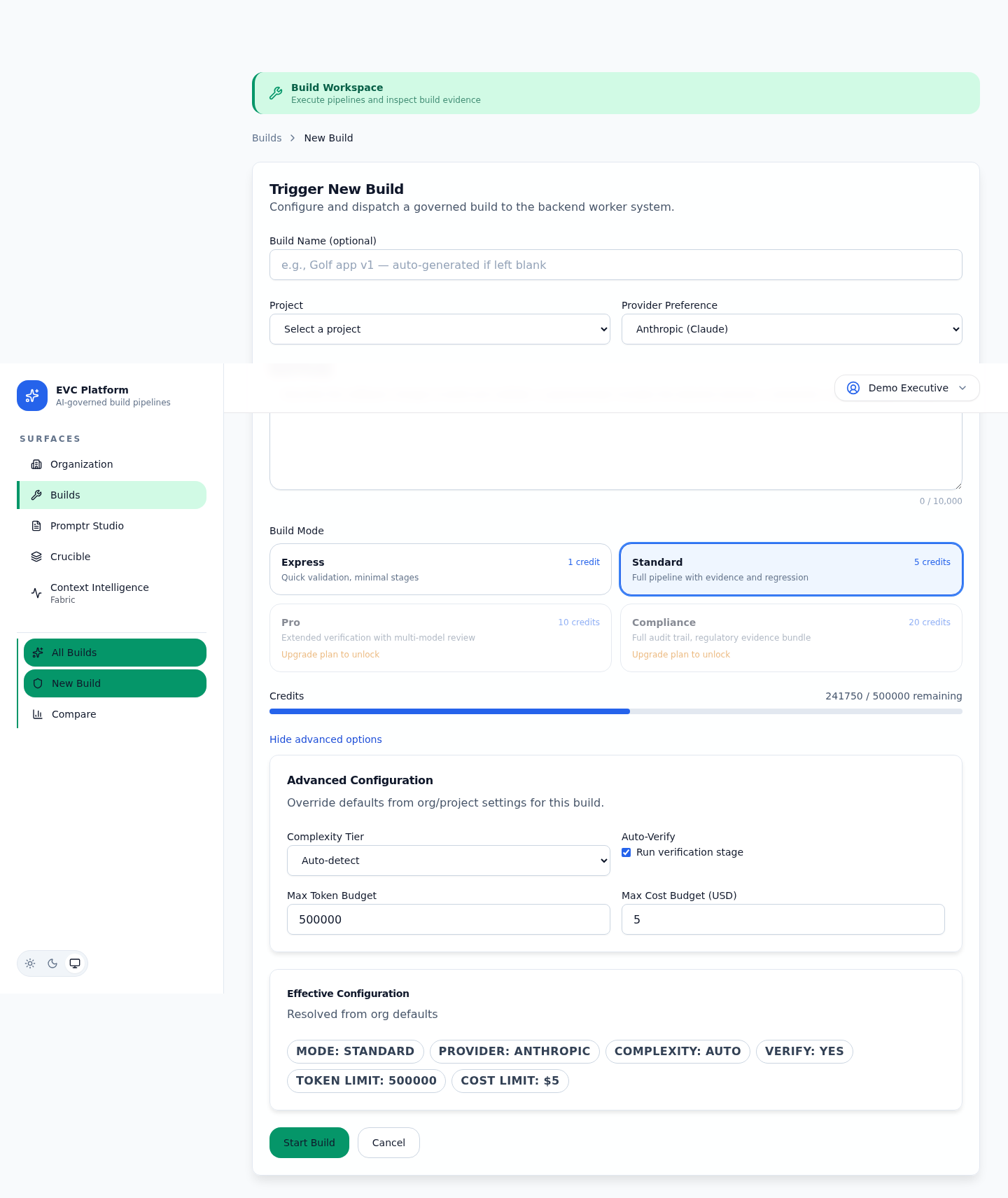 New build form with prompt editor, mode selector, and provider options